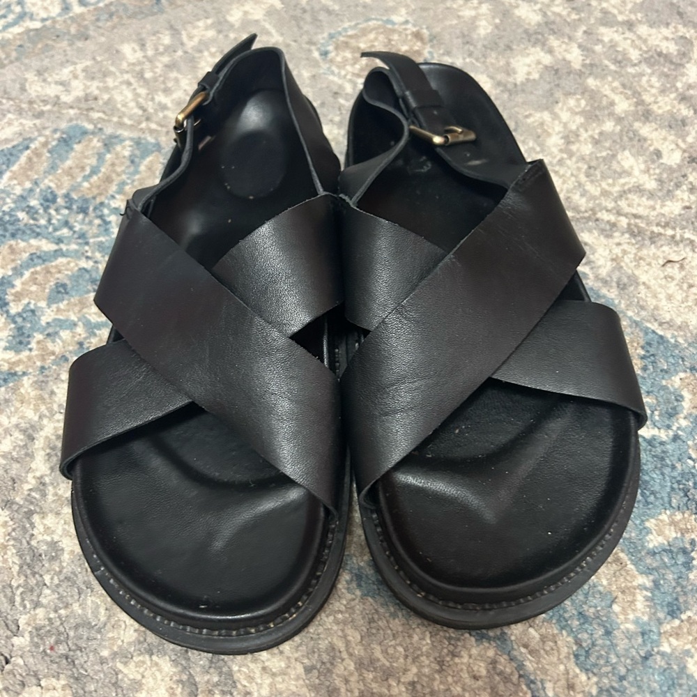 Liberte Black Leather Crisscross Sandals